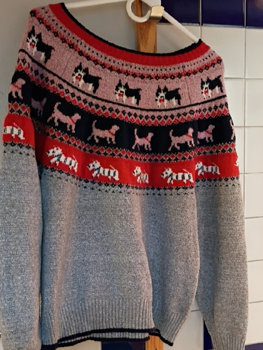 Holiday Time Gray, Red, Pink & Black Dog Fair Isle Sweater